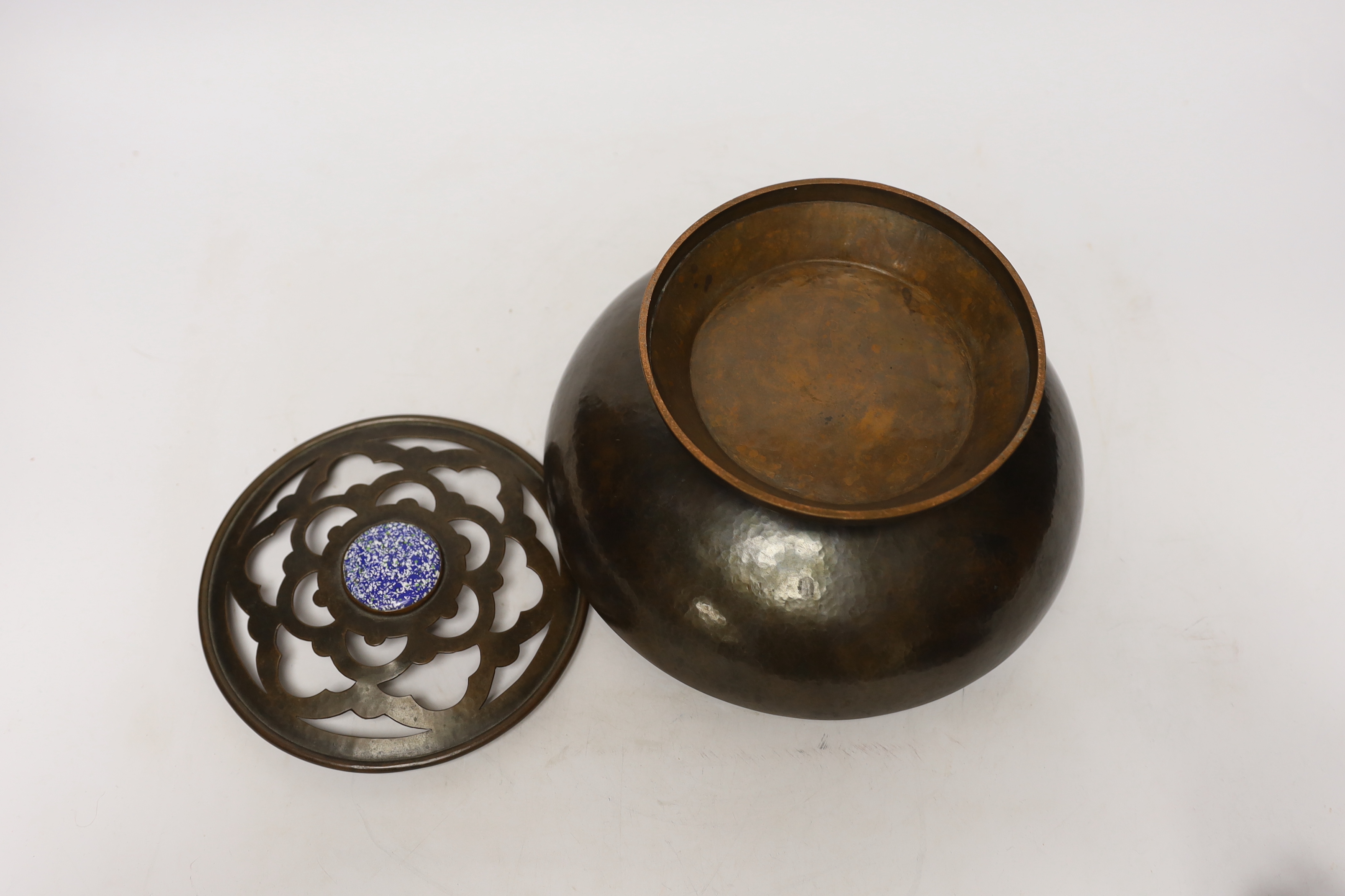 An Arts & Crafts planished copper rose bowl with enamel cabochons, 24cm diameter